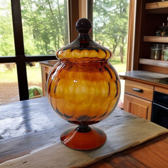 Empoli Amber Glass Candy Dish Lid Apothecary Jar Circus Tent Optic Panel Italy - Picture 14 of 16